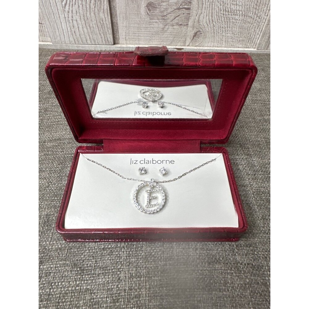 Liz Claiborne Red Croc Embossed Jewelry Box w/ E Initial Necklace & Earring Set - Picture 2 of 6